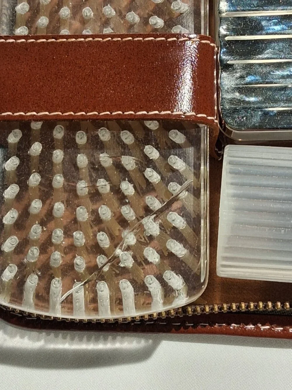 Leather Travel Kit  Zipper Case  Vintage 10 piece  Rust Brown  Lucite Silver VGC